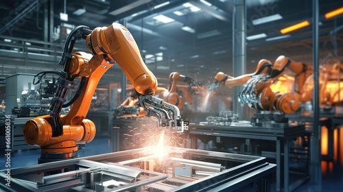 IOT software to control robot arms operations for smart industry automation manufacturing, mixed digital 3d illustration and matte painting © LELISAT