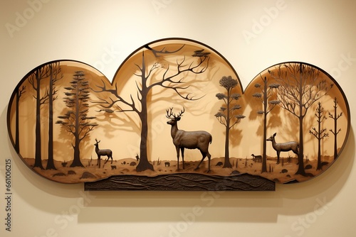 Wall decor with landscape, deer, birds, trees, and wood circles. Generative AI