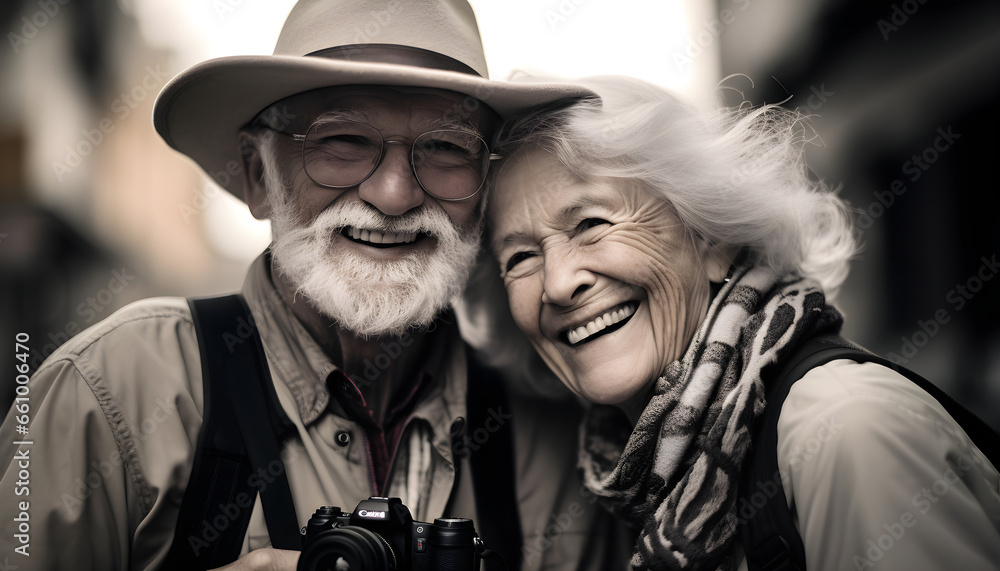 Mature couple in their sixties smiling. Happy seniors enjoying vacation or weekend getaway together. Concept of travel, leisure and lifestyle in retirement.