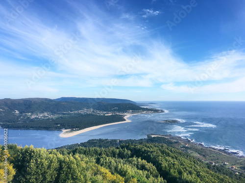 View of the ocean coast from the mountain in O Baixo Miño, Galicia, Spain, April 2019