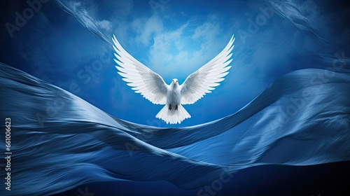 Dove of peace against the background of sky and colors of the Israeli flag. Generative AI