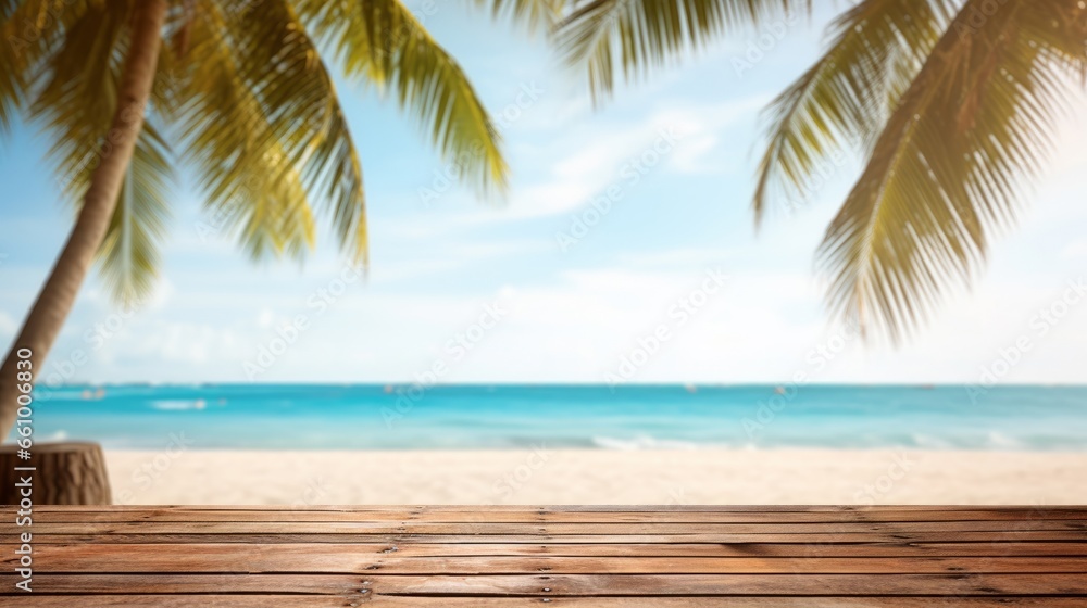 Summer vacation travel caribbean banner nature landscape holidays concept  - Rustic empty wooden table, with palm trees, sand beach and sea in background