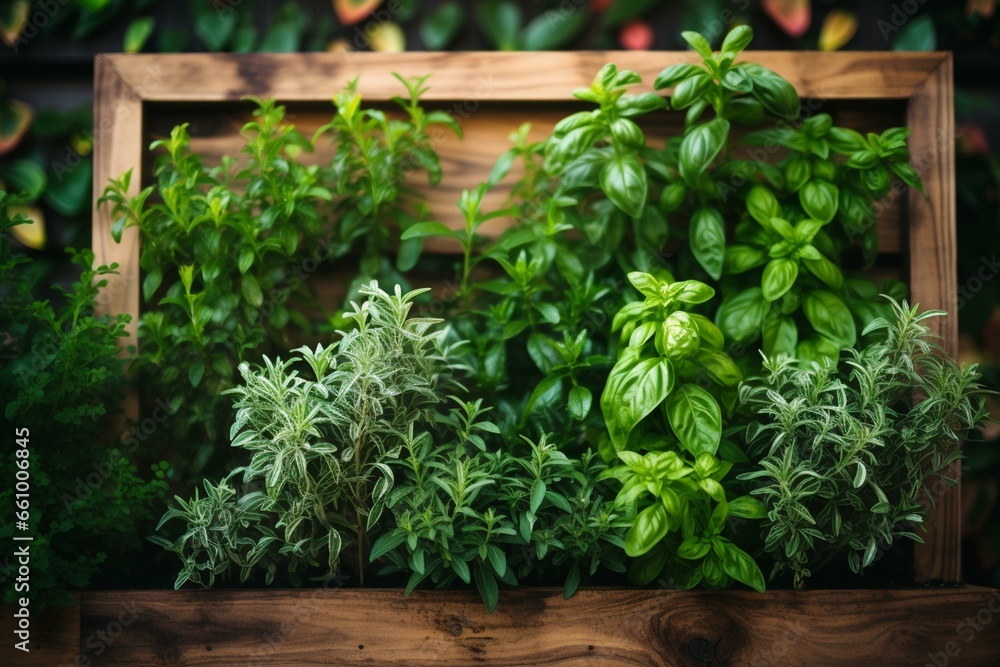 Close-up shot of fresh basil and rosemary plants in a frame. Generative AI
