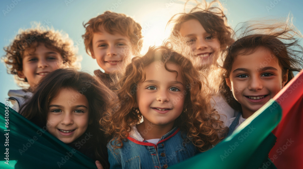 Happy children with country flag. Symbol for patriotism, freedom, and growth concept Happy children with country flag. Symbol for patriotism, freedom, and growth concept
