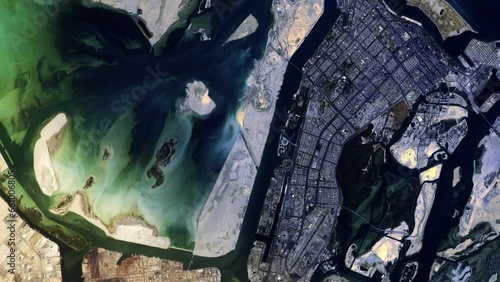 City of Aby Dhabi aerial view from satellite, time lapse sunrise animation, based on image by Nasa