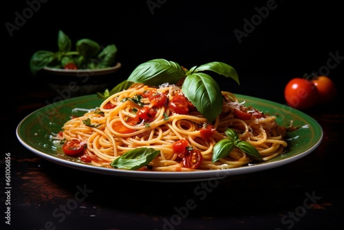 Spaghetti with tomato and basil on green. Generative AI