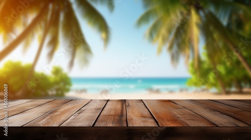 Summer vacation travel caribbean banner nature landscape holidays concept  - Rustic empty wooden table, with palm trees, sand beach and sea in background