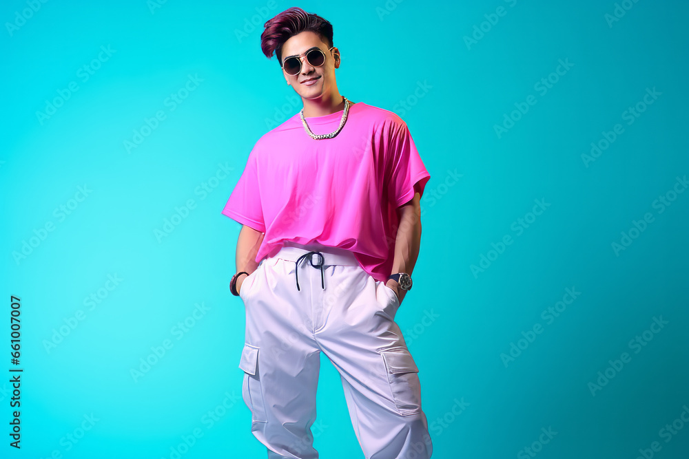 Gen-z handsome asian fashionable male, wearing neon stylish clothes, happy, smiling, retro style in the style of Vaporwave fashion Gen-z handsome asian fashionable male, wearing neon stylish clothes, happy, smiling, retro style in the style of Vaporwave fashion