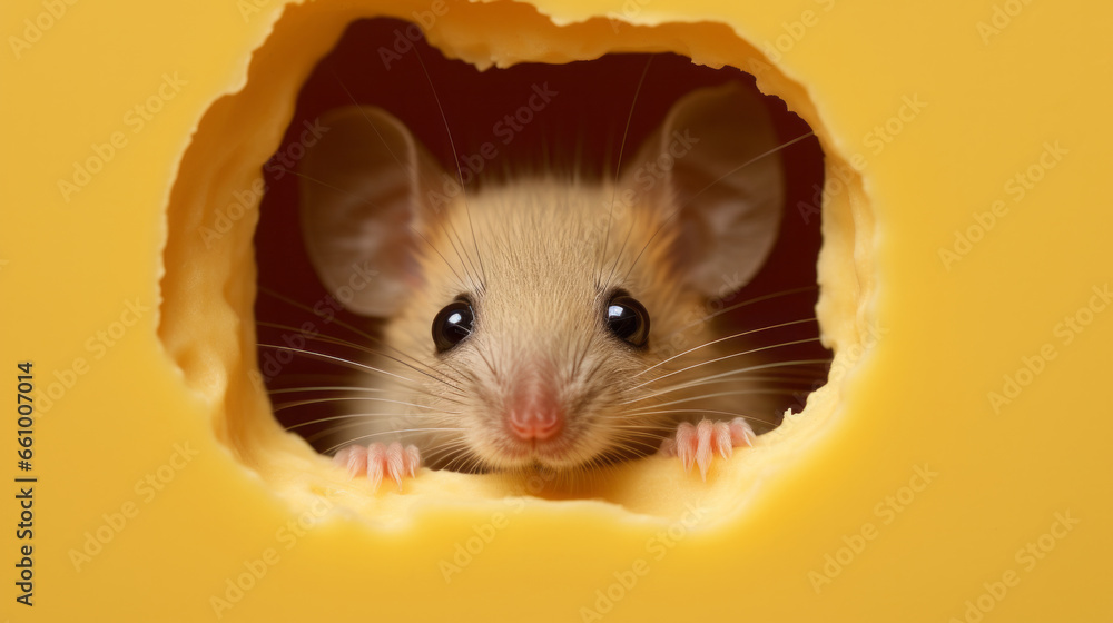 Head of a mouse seen through a hole representing rodent infestation at