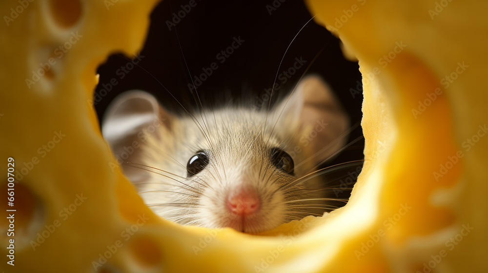 Head of a mouse seen through a hole representing rodent infestation at