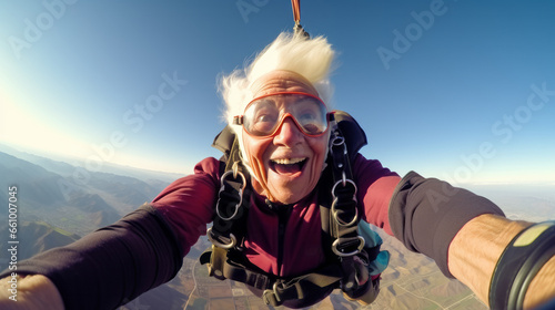 Happy old mature woman taking selfie picture while sky diving
