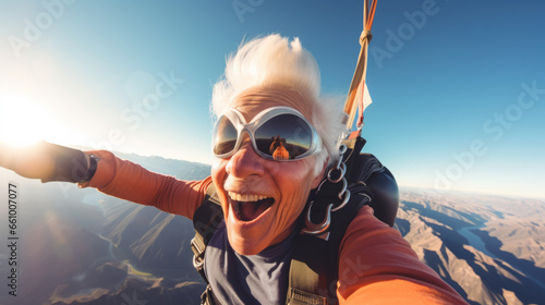 Happy old mature woman taking selfie picture while sky diving photo