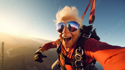 Happy old mature woman taking selfie picture while sky diving