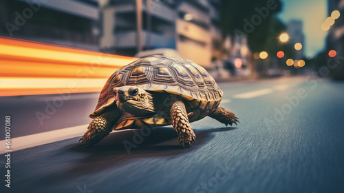 Side view of Turtle running extremely fast on busy city street at night showing a speed concept