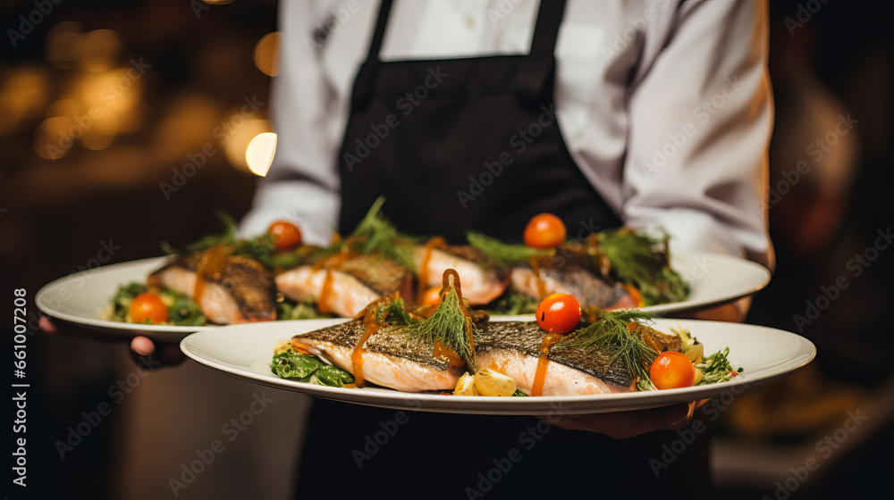 Waiter carrying plates with fish dish on some festive event, party or wedding reception restaurant - obrazy, fototapety, plakaty 