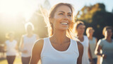Happy smiling woman in her 40s or 50s wearing white shirt standing at starting line of run doing outdoor sports on sunny day