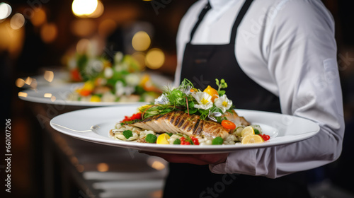 Waiter carrying plates with fish dish on some festive event, party or wedding reception restaurant