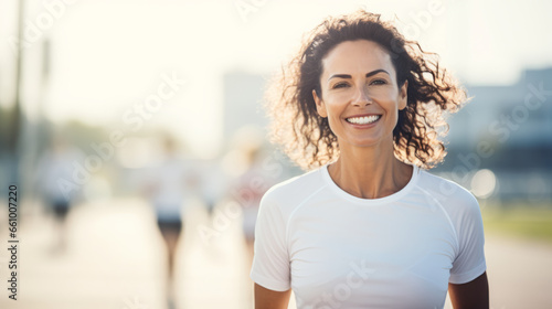 Fototapeta Naklejka Na Ścianę i Meble -  Happy smiling woman in her 40s or 50s wearing white shirt standing at starting line of run doing outdoor sports on sunny day