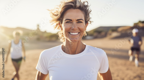 Happy smiling woman in her 40s or 50s wearing white shirt standing at starting line of run doing outdoor sports on sunny day photo