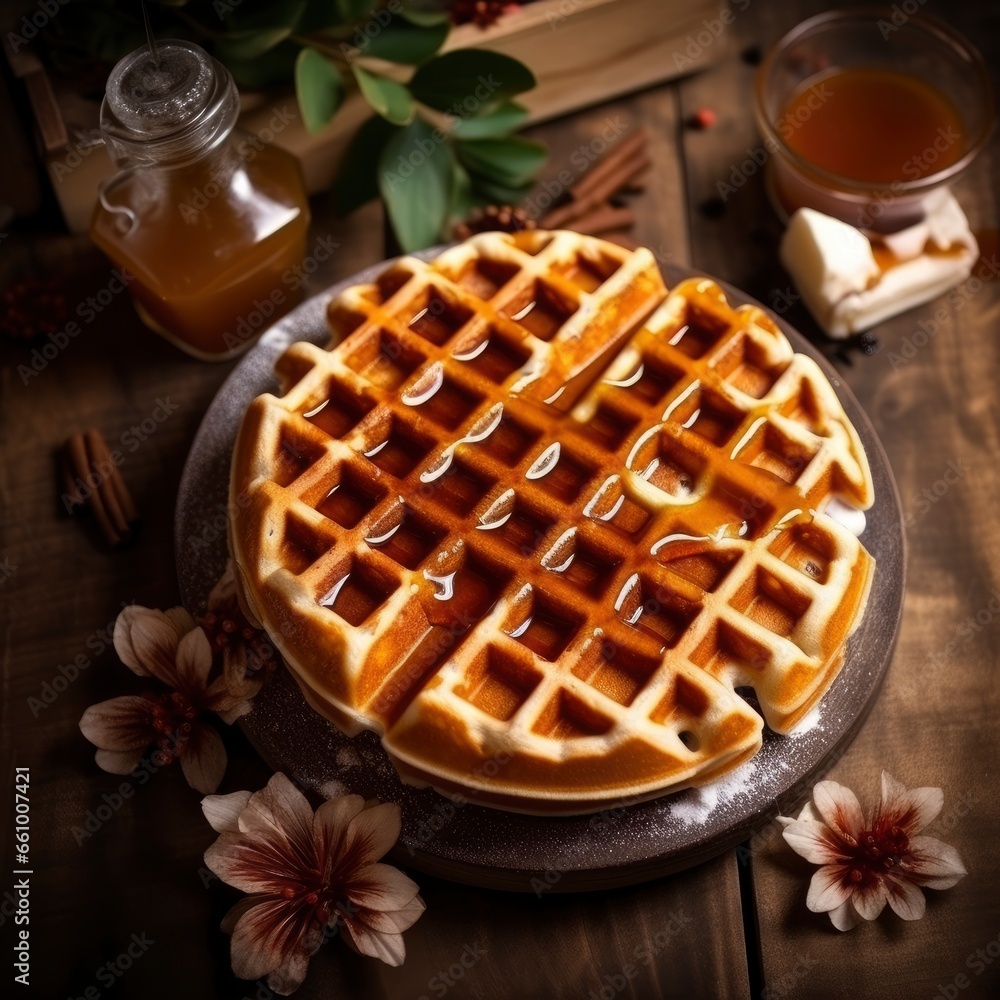 Top view of a Belgian waffles with syrup composition, beautifully decorated, food photography Top view of a Belgian waffles with syrup composition, beautifully decorated, food photography