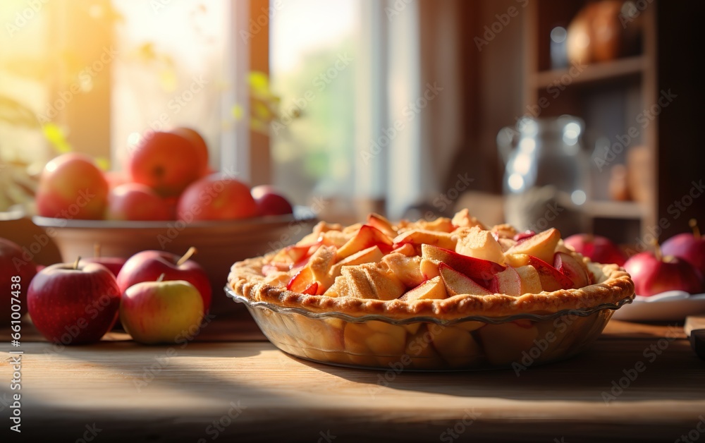 Fresh delicious apple pie on blurred warm tones kitchen background. Warmth and comfort, homemade organic food concept.
