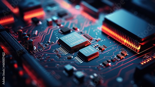 closeup on an advanced GPU ram microchip or cpu of a powerful computer board for artificial intelligence technology as wide banner design with copy space