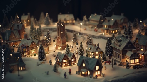 Christmas winter village landscape, bokeh lights and illumination.