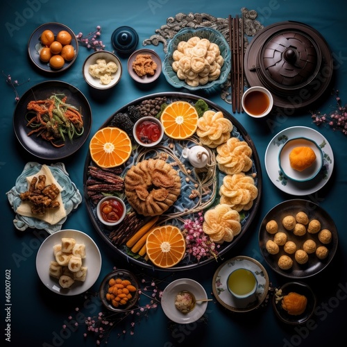 Top view of a fresh, delicious, wholesome and nutritious Chinese breakfast meal composition, beautifully decorated, food photography