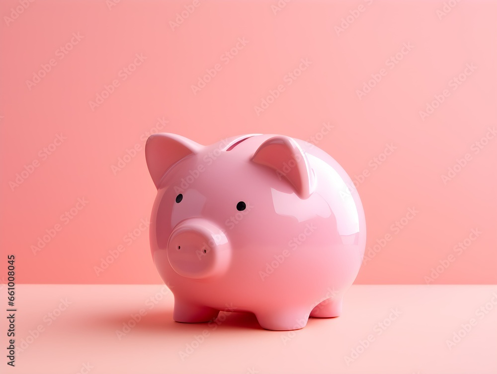 Pink piggy bank with pink background. Saving money and financial concept