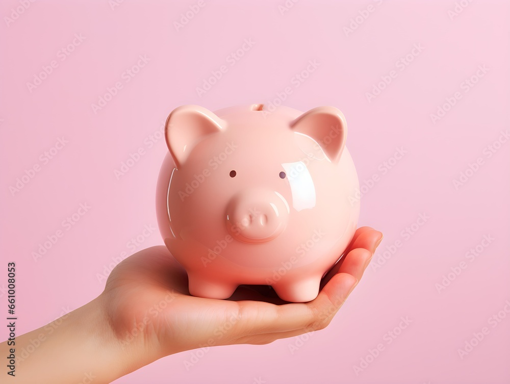 Hand hold cute pink piggy bank isolated on pink background