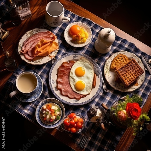 Top view of a fresh, delicious, wholesome and nutritious German breakfast meal composition, beautifully decorated, food photography