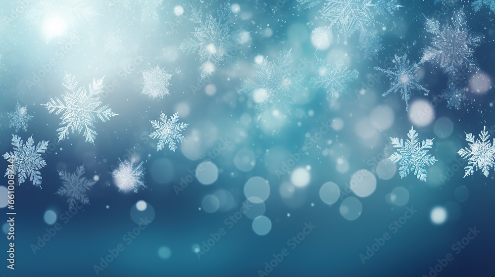 Winter background with abstract snowflakes, bokeh effect. New Year, Christmas background.