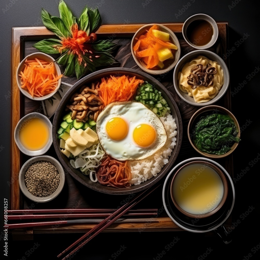 Top view of a fresh, delicious, wholesome and nutritious Korean breakfast meal composition, beautifully decorated, food photography Top view of a fresh, delicious, wholesome and nutritious Korean breakfast meal composition, beautifully decorated, food photography