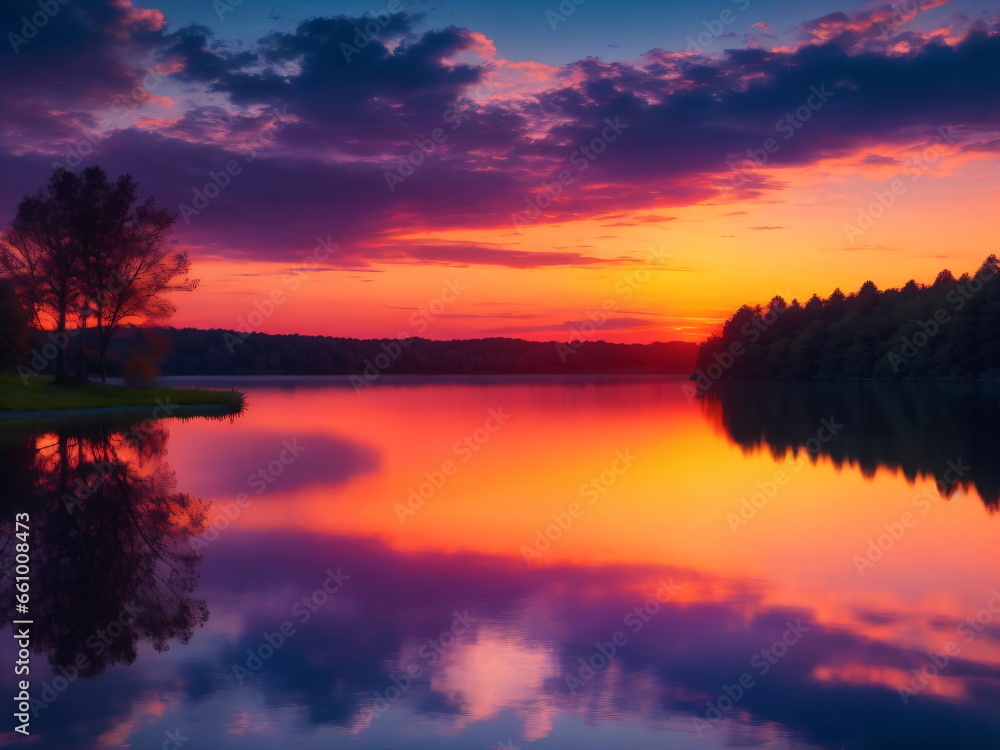 Image of a serene sunset over a calm lake with vibrant colors