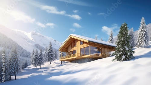Modern wooden house in winter mountain. Beautiful sunny day. Winter concept. © VectorLM