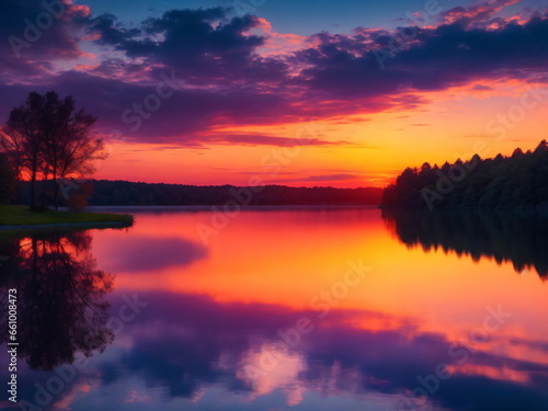 Image of a serene sunset over a calm lake with vibrant colors
