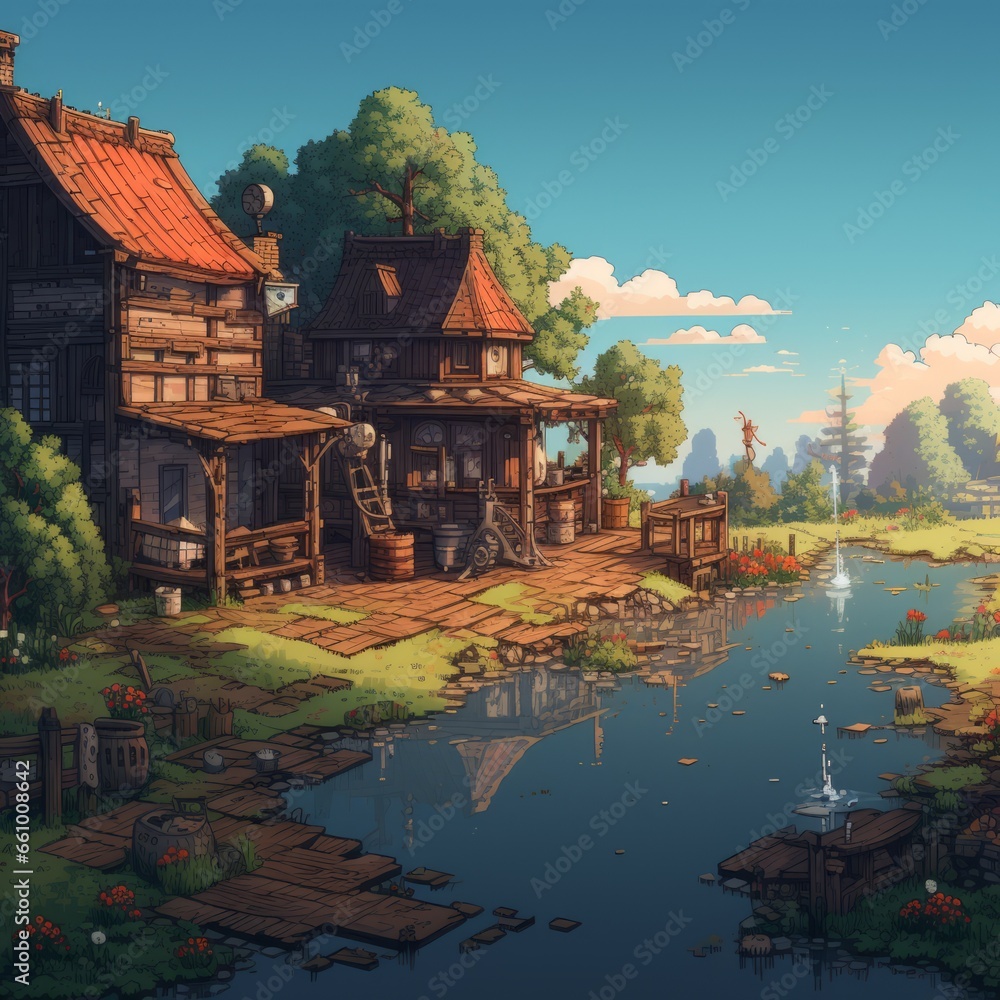 Obraz premium a picturesque riverside village painting