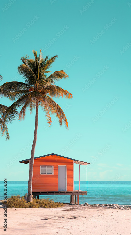Fototapeta premium beach hut,Tropical Tranquility: A Stilt House Amidst Palm Paradise,beach with palm trees,beach