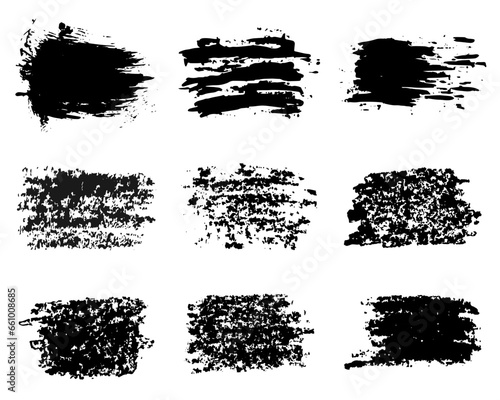 Hand drawn grunge brush set. Isolated a white background. Artistic texture of ink brush strokes, splash stains, callouts. 