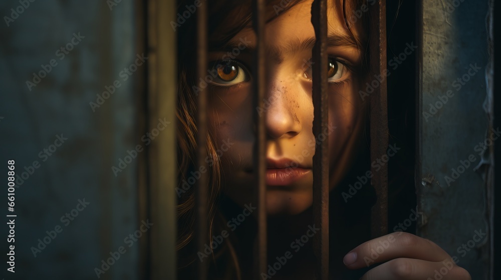 Little girl confined behind bars with dirty scratched face gazes with hope, evoking heart wrenching concept of child kidnapping, safeguarding children from abduction and harm - obrazy, fototapety, plakaty 