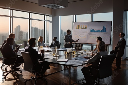 Business people group meeting in office. Professional businesswomen, businessmen, and office workers work in team conferences with project planning documents on the meeting table..