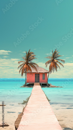 beach hut,Tropical Tranquility: A Stilt House Amidst Palm Paradise,beach with palm trees,beach