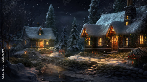 Christmas cottage at night with festive lights