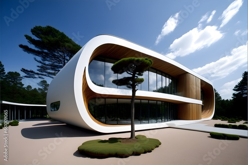 exterior shot large building made from natural materials long focal length wide shot simple clean lines high tech organic curved sculpted dramatic sweeping pine wood structural details ultra modern 