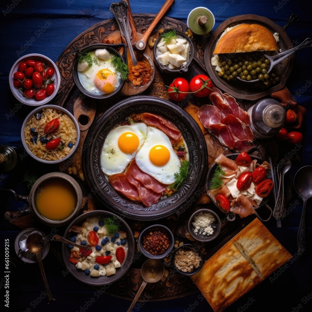 Top view of a fresh, delicious, wholesome and nutritious traditional Sweden breakfast, beautifully decorated, food photography