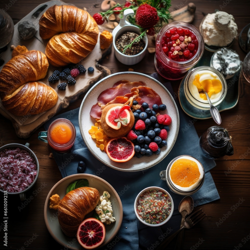 Top view of a fresh, delicious, wholesome and nutritious traditional Sweden breakfast, beautifully decorated, food photography Top view of a fresh, delicious, wholesome and nutritious traditional Sweden breakfast, beautifully decorated, food photography