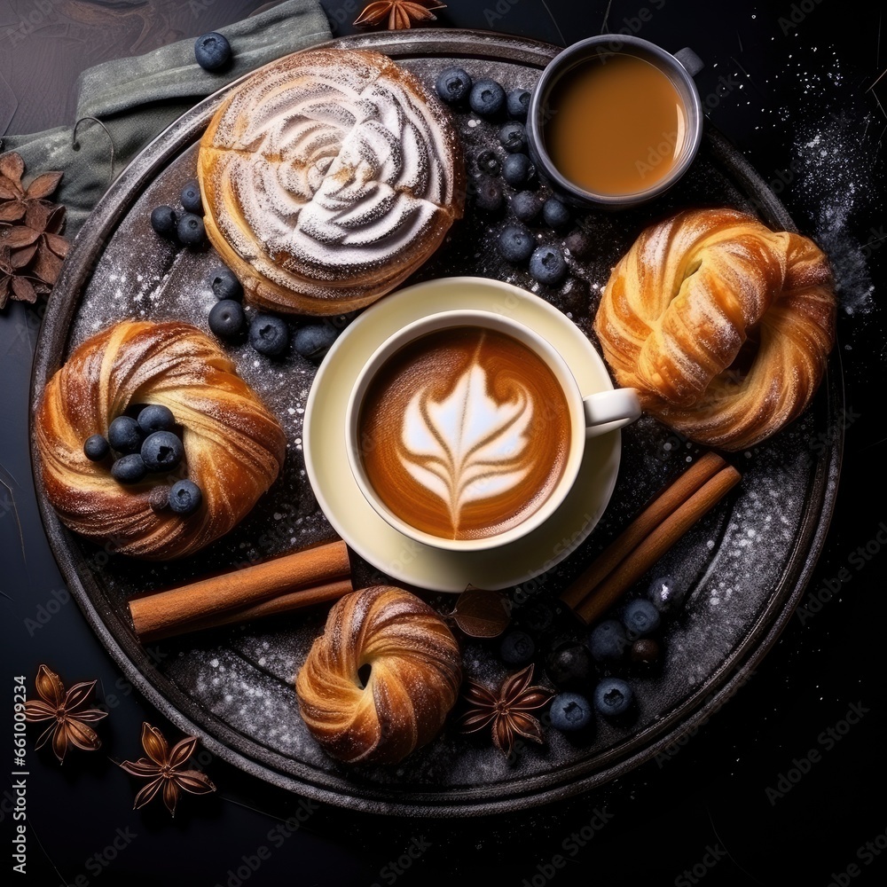 Top view of a fresh, delicious, sweet pastry breakfast on the table, beautifully decorated, food photography Top view of a fresh, delicious, sweet pastry breakfast on the table, beautifully decorated, food photography
