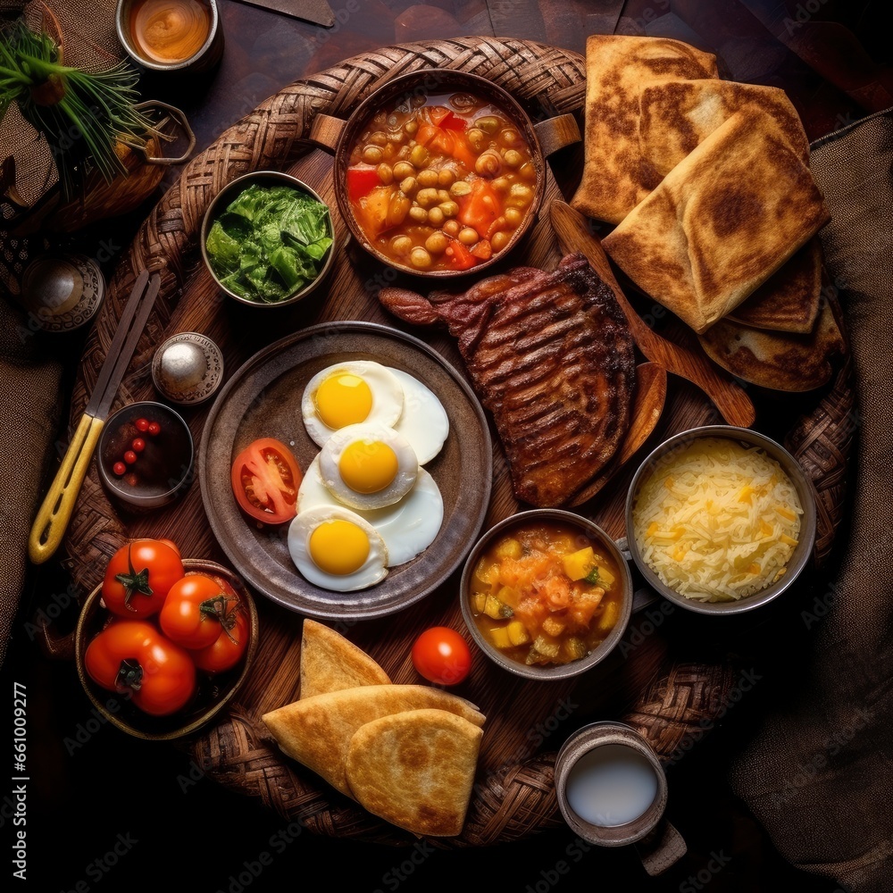 Top view of a fresh, delicious, wholesome and nutritious traditional african breakfast, beautifully decorated, food photography Top view of a fresh, delicious, wholesome and nutritious traditional african breakfast, beautifully decorated, food photography