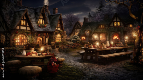 Christmas cottage at night with festive lights © Doug