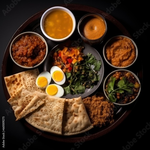 Top view of a fresh, delicious, wholesome and nutritious traditional african breakfast, beautifully decorated, food photography